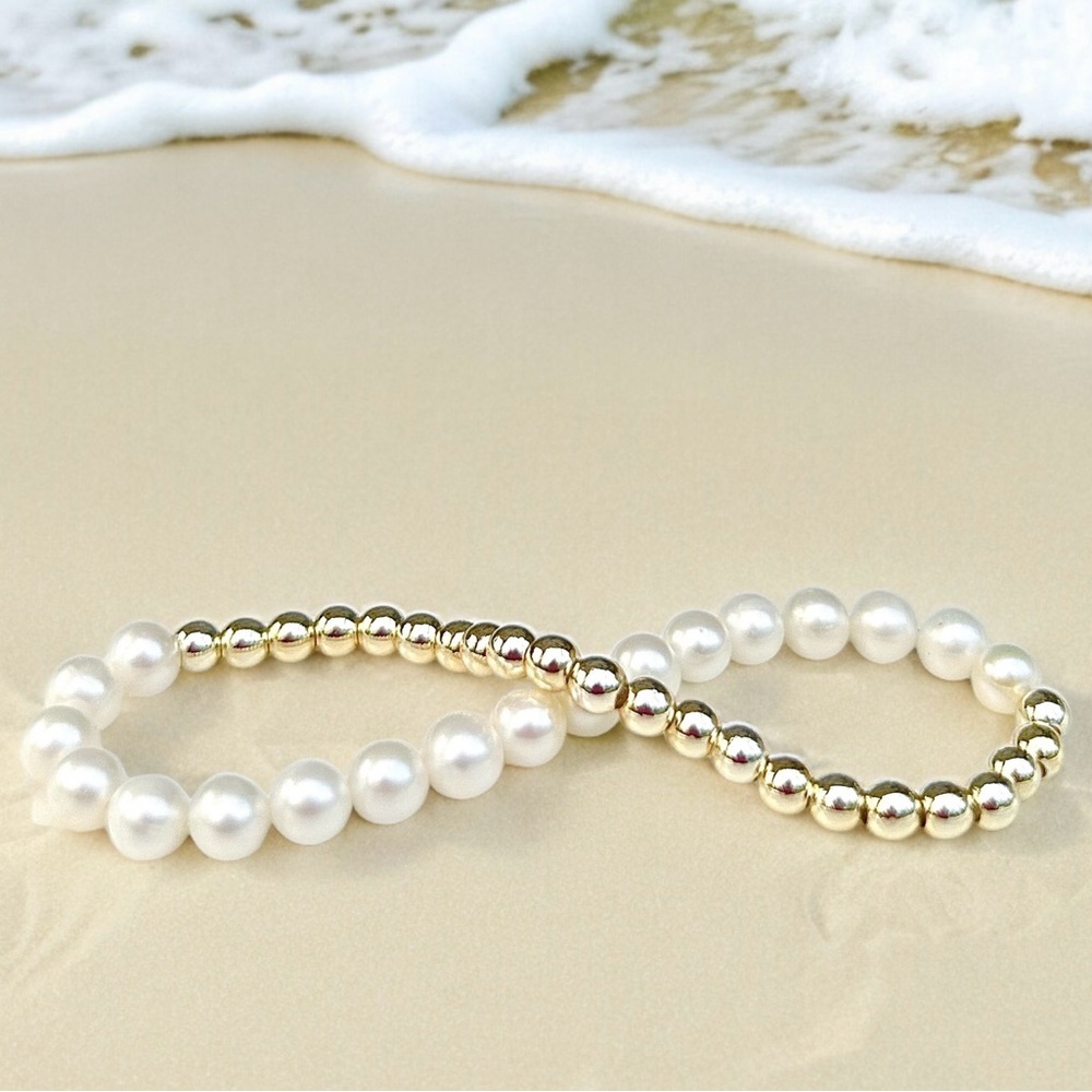 Bracelet gold bead stretchy, pearls bead gold filled wear in shower Wate…